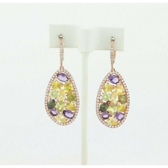 Rose Gold over Sterling Silver Multi Color Cz Earrings Dangle Drop Earrings - Picture 6 of 7